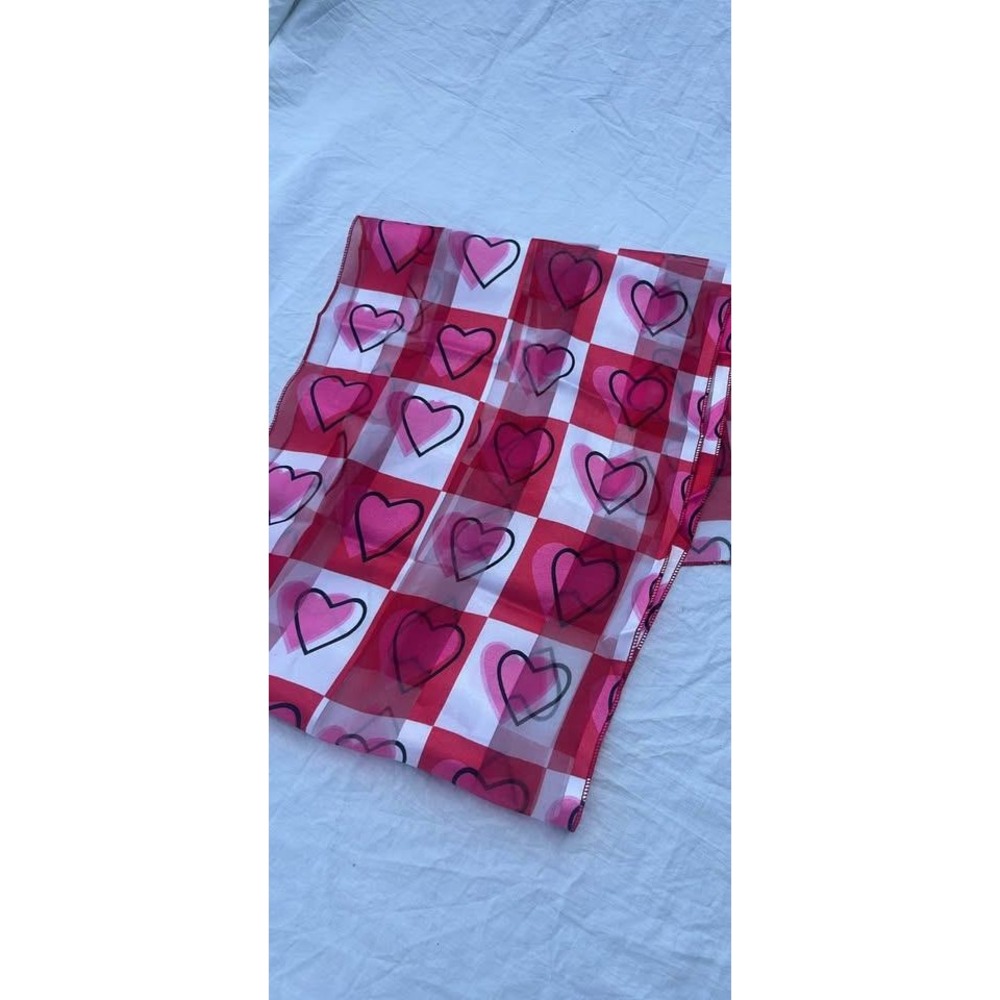 Red White Checkered Heart Print Sheer Scarf Pink Hearts Valentine Accessory